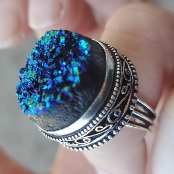 New Blue Titanium Druzy 925 Silver Ring. - Picture 15 of 15